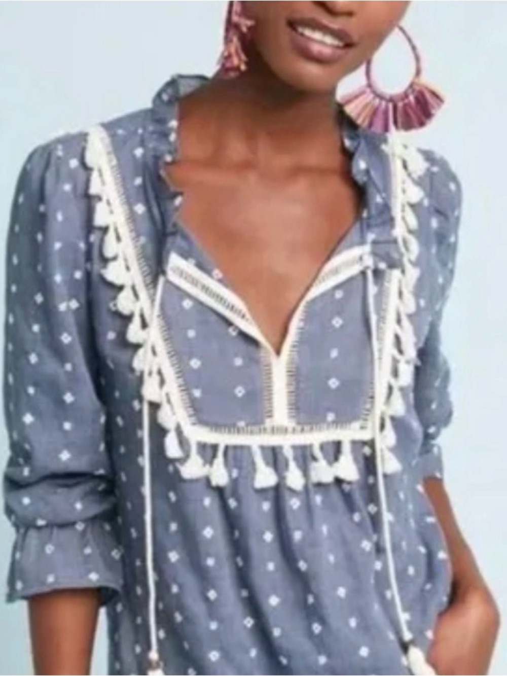 Anthropologie Maeve Blue Tassel-Trim Peasant Top